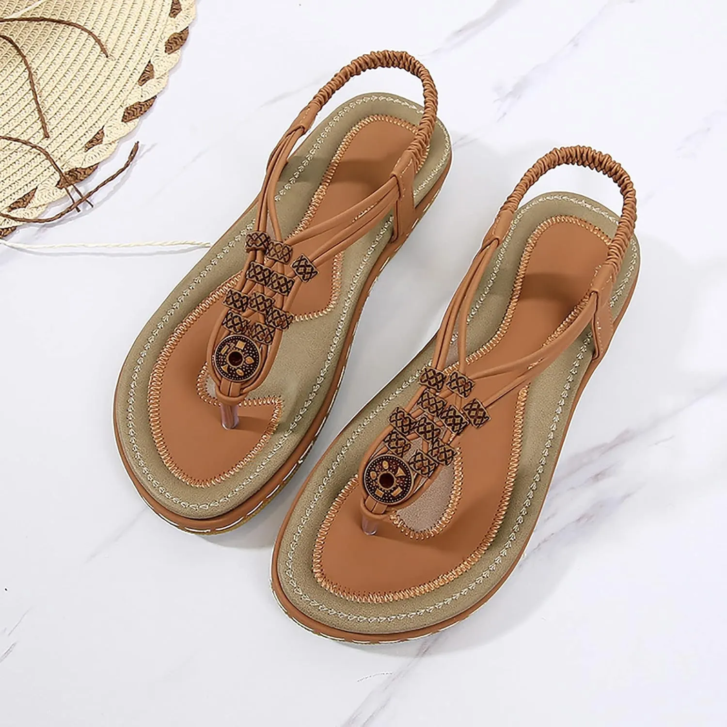 Women Flip Flops Elastic Ankle Strap Dress Shoes Summer Slip On Beach Thong Sandals Open Toe Cushion Flats