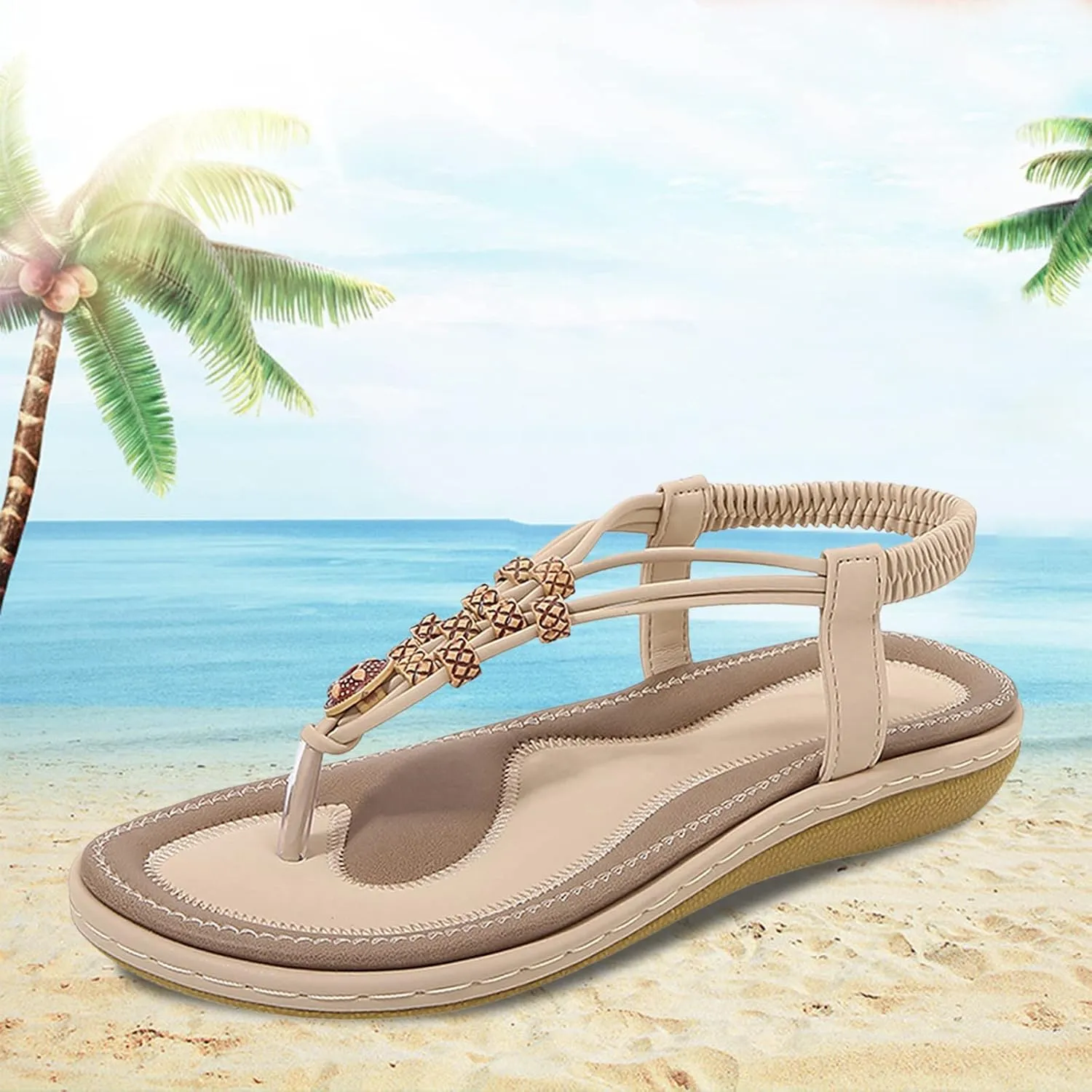 Women Flip Flops Elastic Ankle Strap Dress Shoes Summer Slip On Beach Thong Sandals Open Toe Cushion Flats