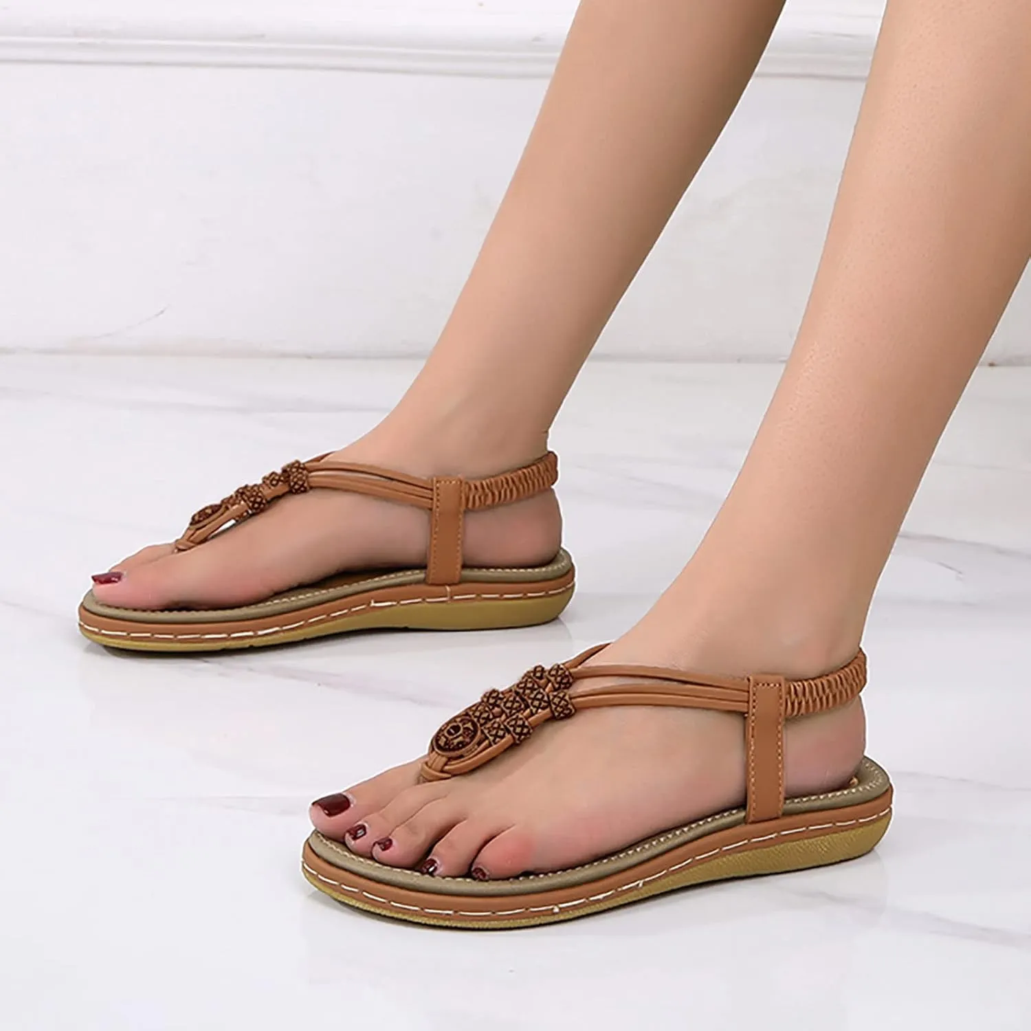 Women Flip Flops Elastic Ankle Strap Dress Shoes Summer Slip On Beach Thong Sandals Open Toe Cushion Flats