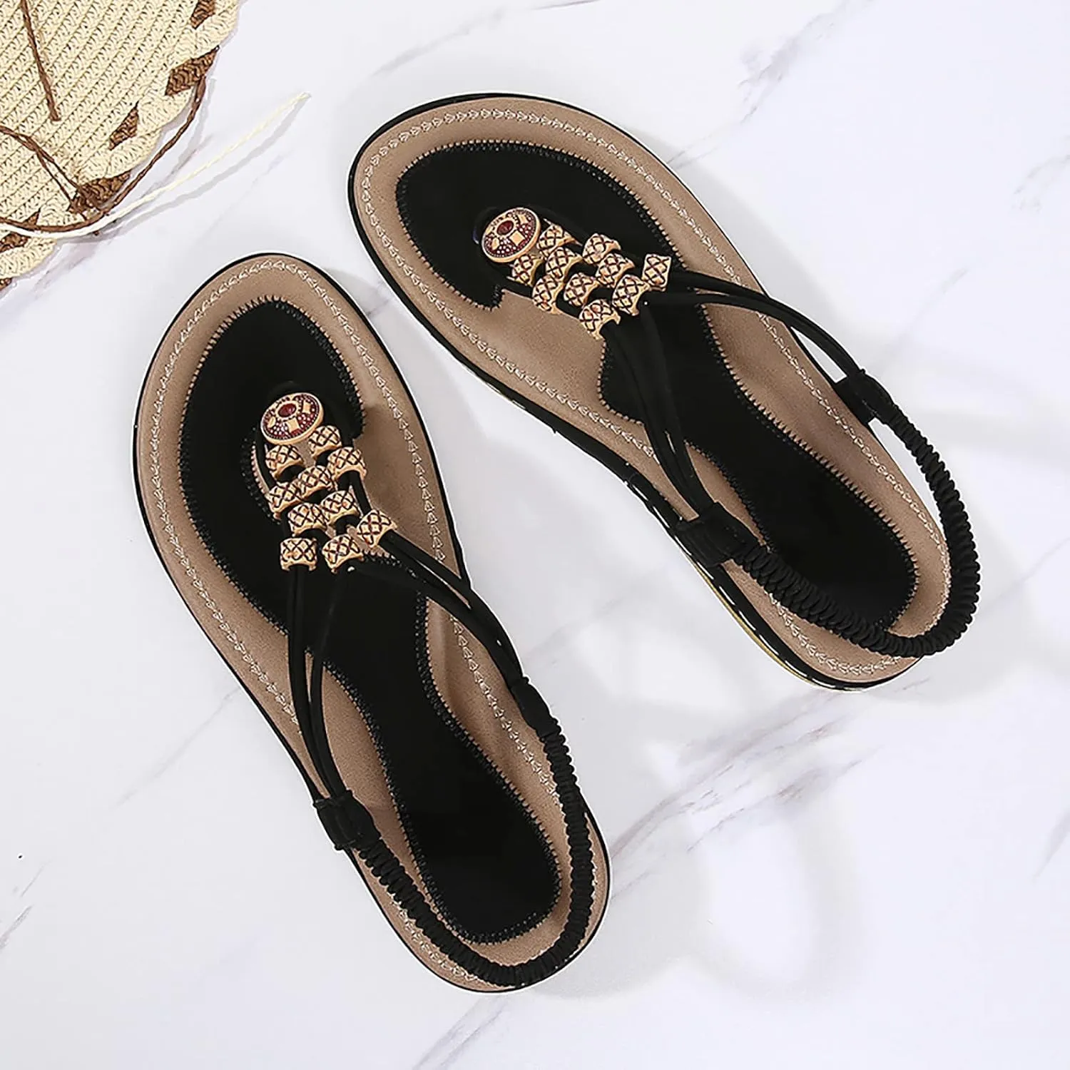Women Flip Flops Elastic Ankle Strap Dress Shoes Summer Slip On Beach Thong Sandals Open Toe Cushion Flats