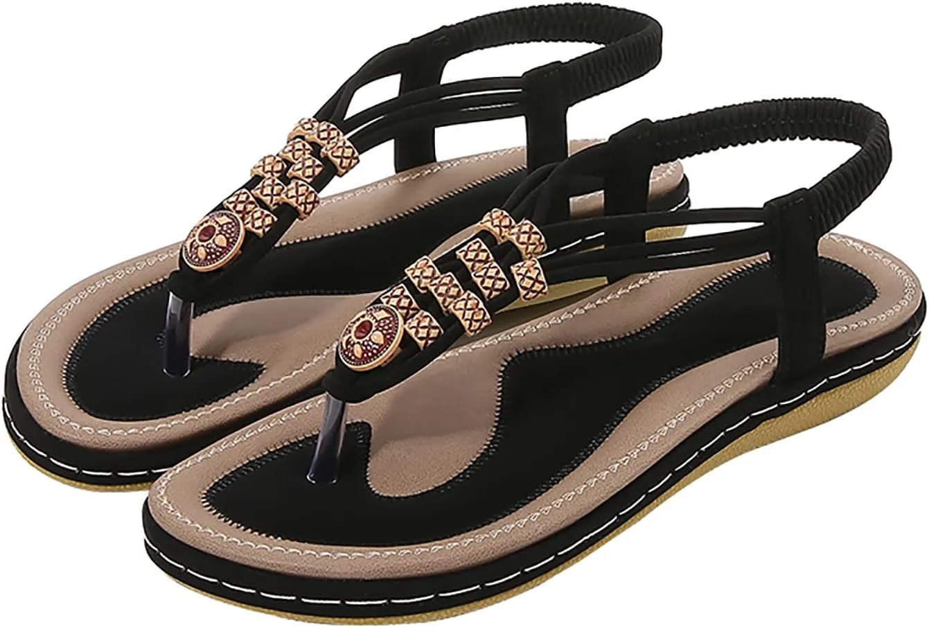 Women Flip Flops Elastic Ankle Strap Dress Shoes Summer Slip On Beach Thong Sandals Open Toe Cushion Flats