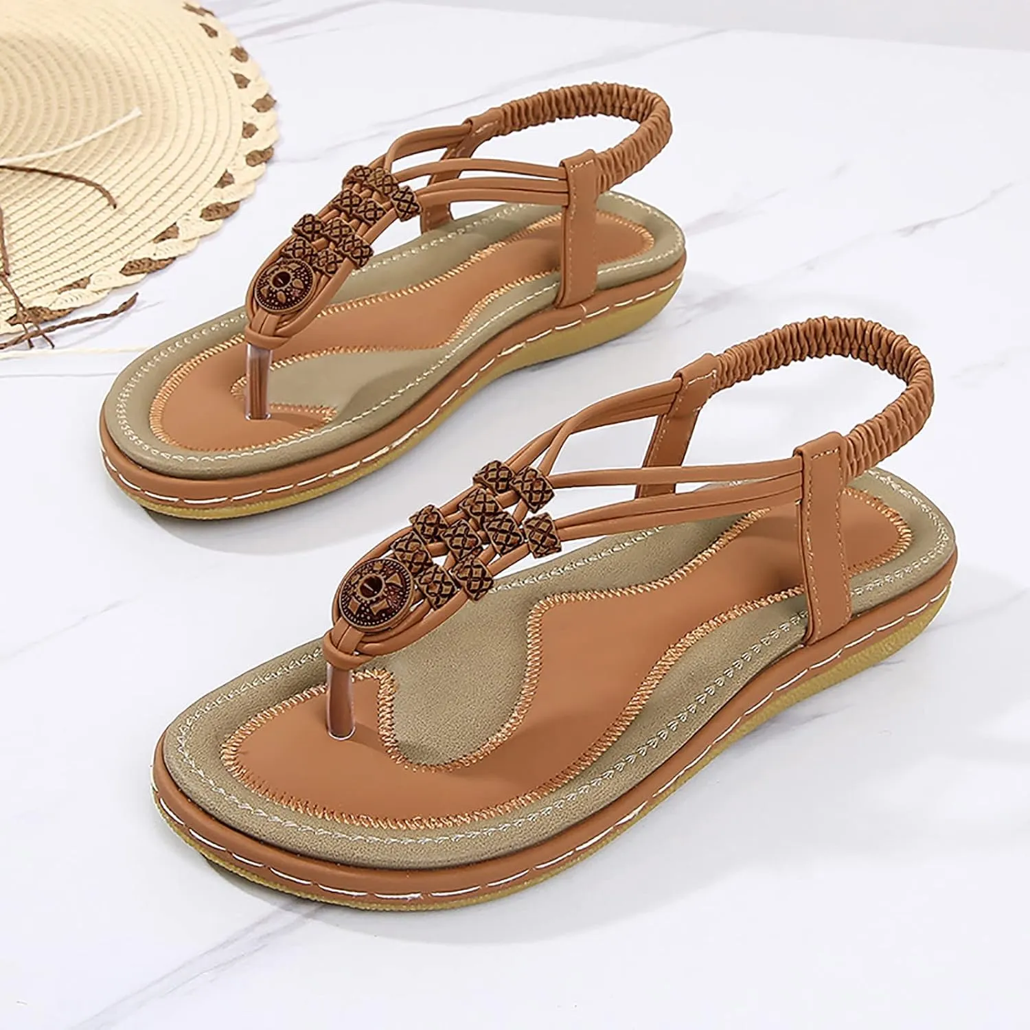 Women Flip Flops Elastic Ankle Strap Dress Shoes Summer Slip On Beach Thong Sandals Open Toe Cushion Flats