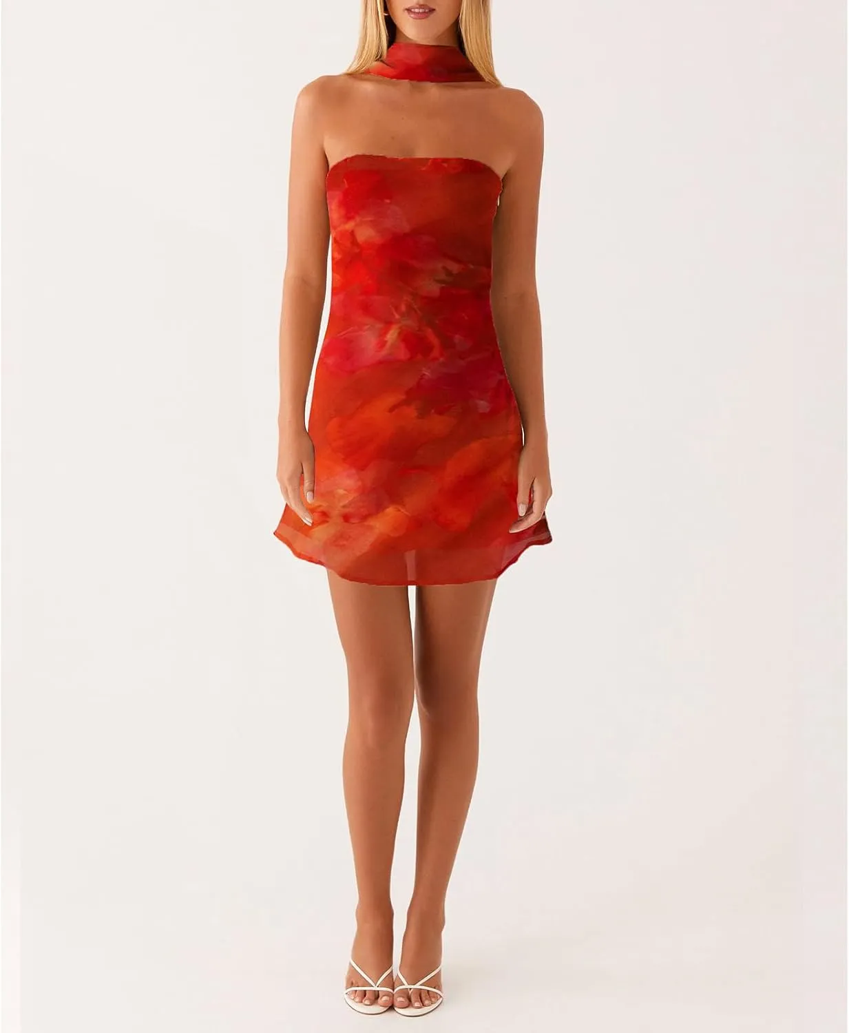 Women Floral Tube Strapless Mini Dress Y2k Cute with Scarf Short Dresses Bodycon Backless Beach Formal Sundress