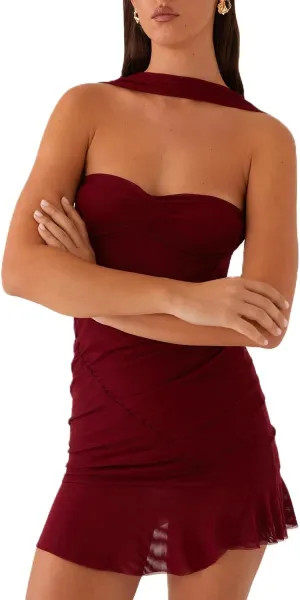 Women Floral Tube Strapless Mini Dress Y2k Cute with Scarf Short Dresses Bodycon Backless Beach Formal Sundress