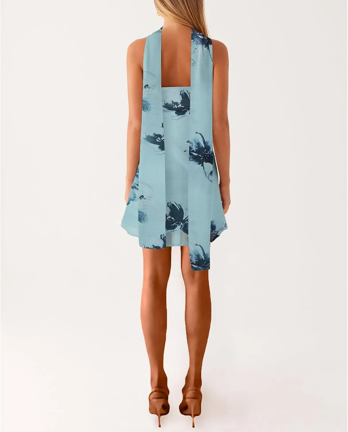 Women Floral Tube Strapless Mini Dress Y2k Cute with Scarf Short Dresses Bodycon Backless Beach Formal Sundress