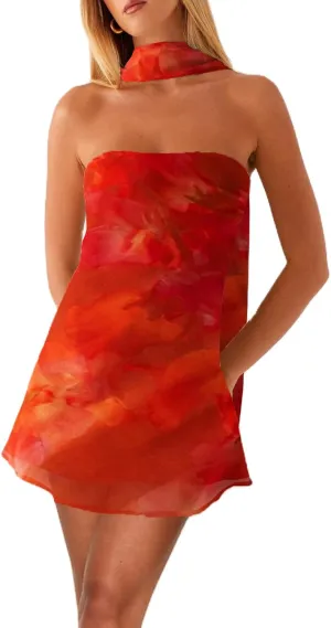 Women Floral Tube Strapless Mini Dress Y2k Cute with Scarf Short Dresses Bodycon Backless Beach Formal Sundress