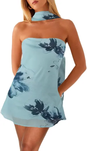 Women Floral Tube Strapless Mini Dress Y2k Cute with Scarf Short Dresses Bodycon Backless Beach Formal Sundress