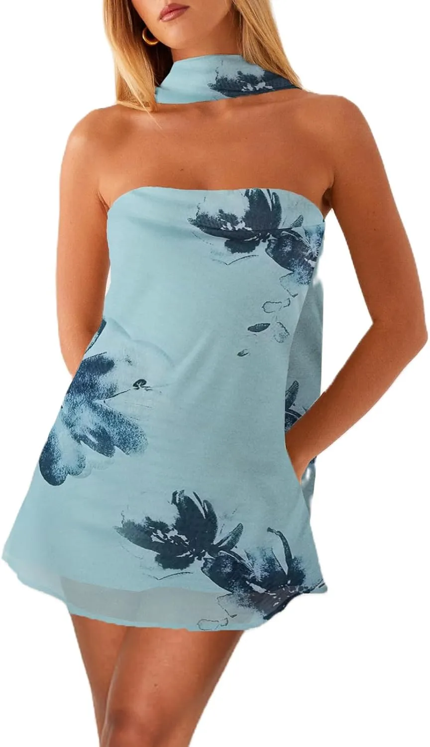 Women Floral Tube Strapless Mini Dress Y2k Cute with Scarf Short Dresses Bodycon Backless Beach Formal Sundress