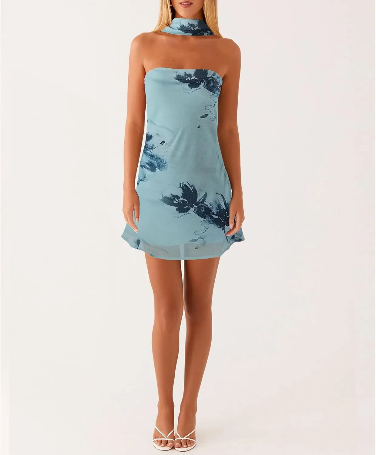 Women Floral Tube Strapless Mini Dress Y2k Cute with Scarf Short Dresses Bodycon Backless Beach Formal Sundress