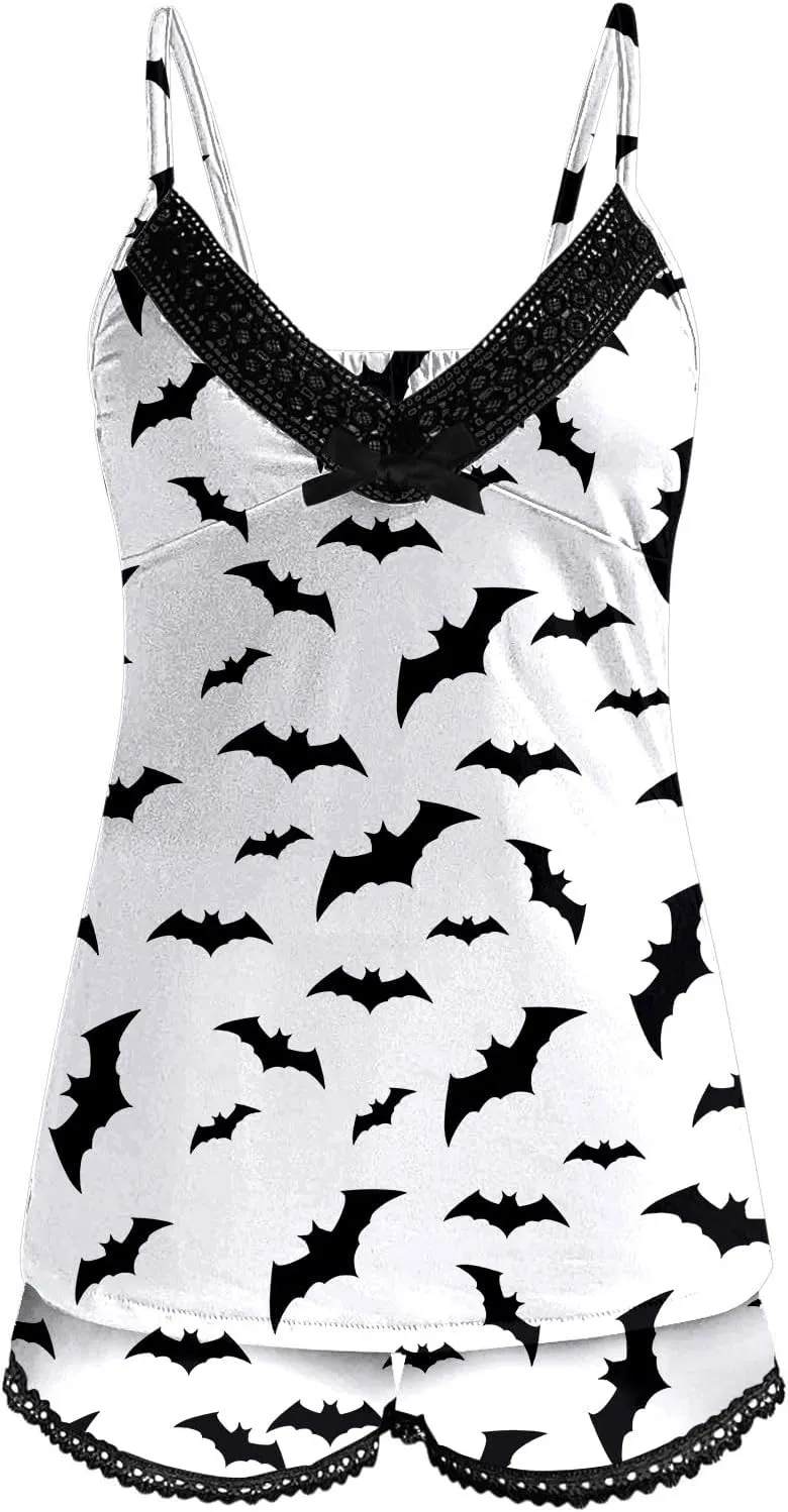 Women Halloween Pumpkin Print Pajamas Camisole Set Sleep Pjs Shorts 2 Piece Nightwear Lounge Set Loungewear
