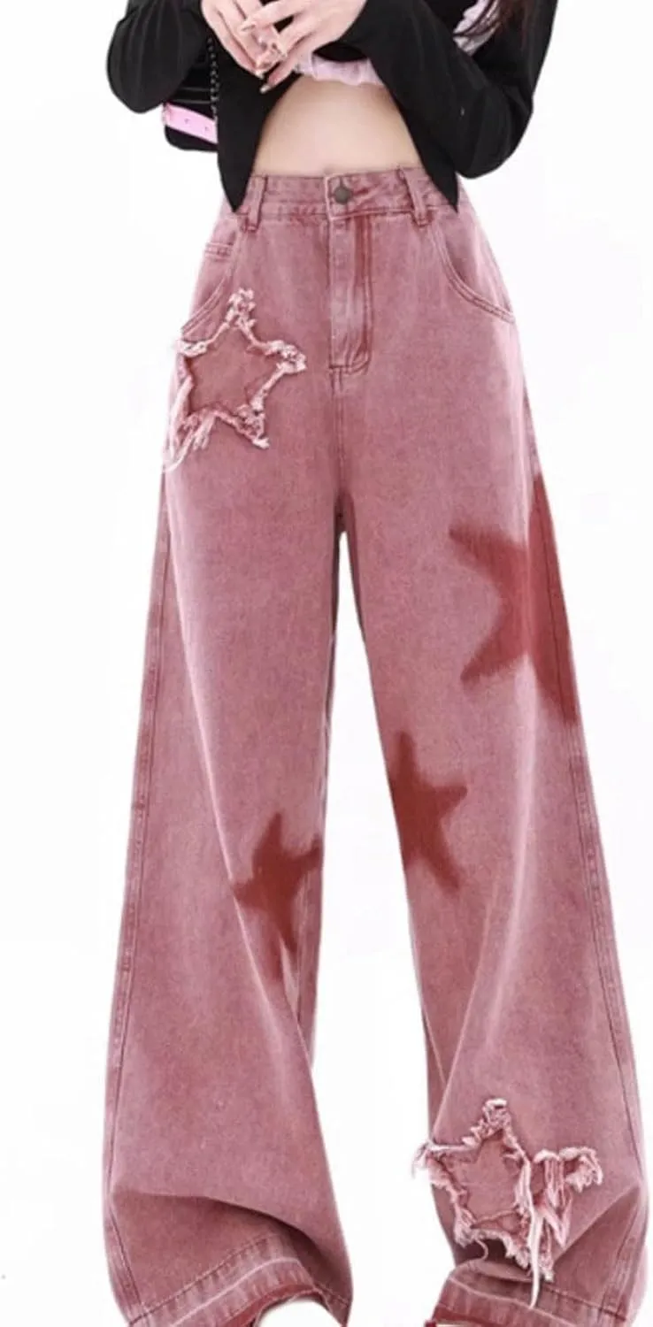 Women Jeans Stretchy High Waist Trendy Stars Embroidery Print Denim Pant Fall Casual Vacation Wide Leg Jean Trousers
