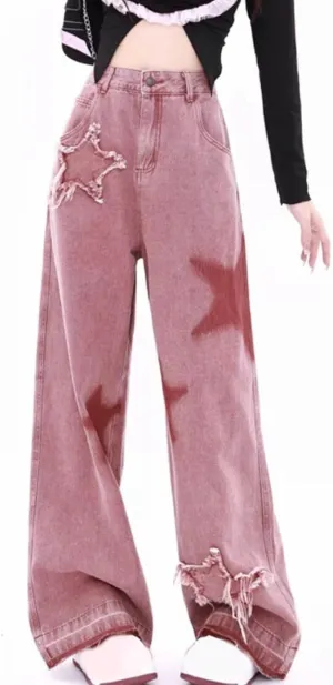 Women Jeans Stretchy High Waist Trendy Stars Embroidery Print Denim Pant Fall Casual Vacation Wide Leg Jean Trousers