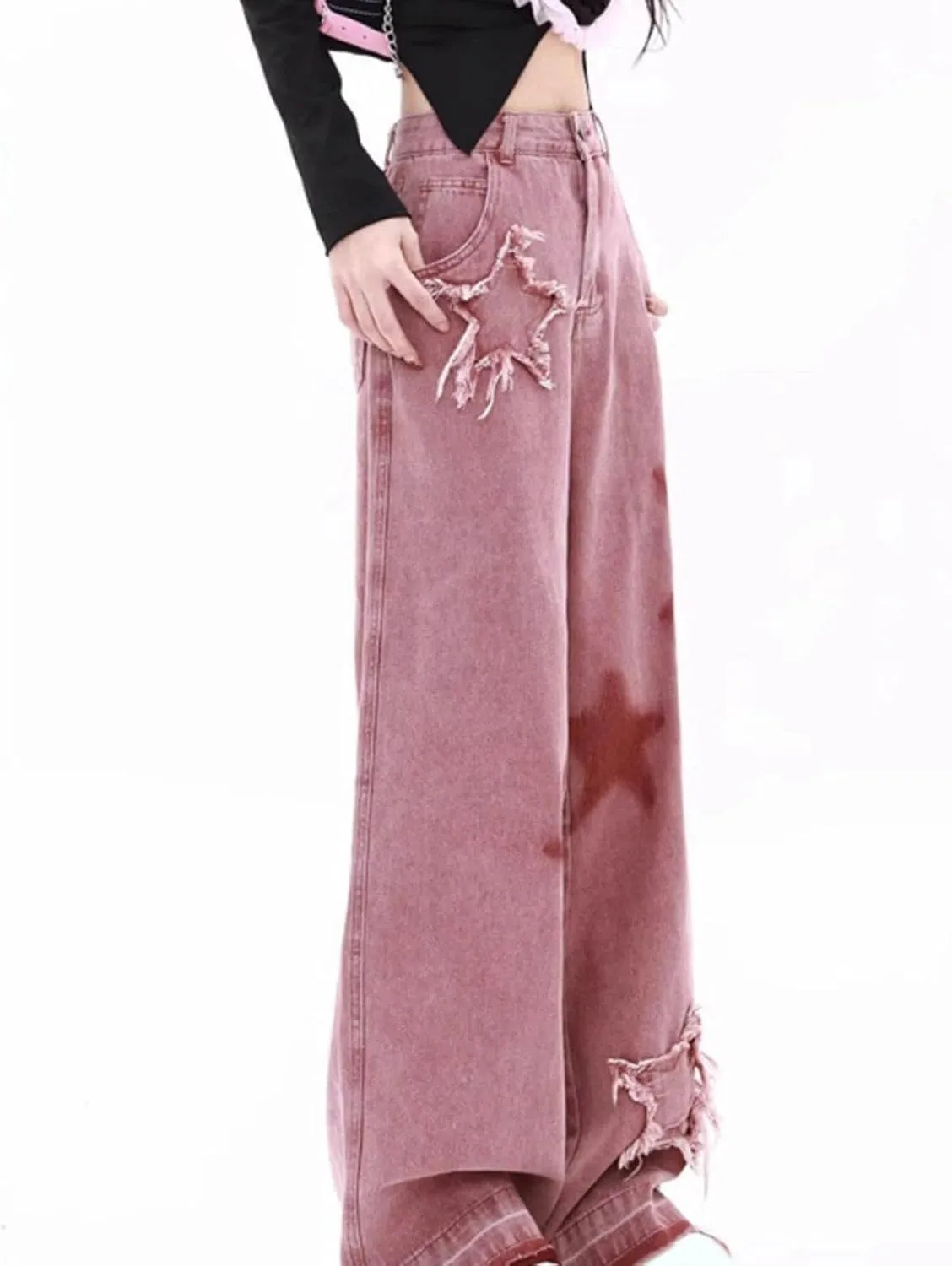 Women Jeans Stretchy High Waist Trendy Stars Embroidery Print Denim Pant Fall Casual Vacation Wide Leg Jean Trousers