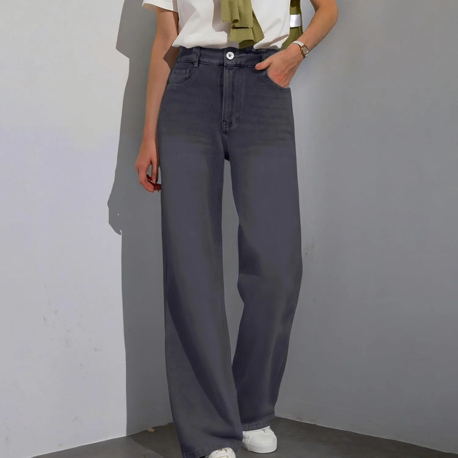 Women Jeans, Tummy Control Jeans for Women Mid Rise Trendy Straight Leg Summer Plus Size Baggy Stretchy Trousers