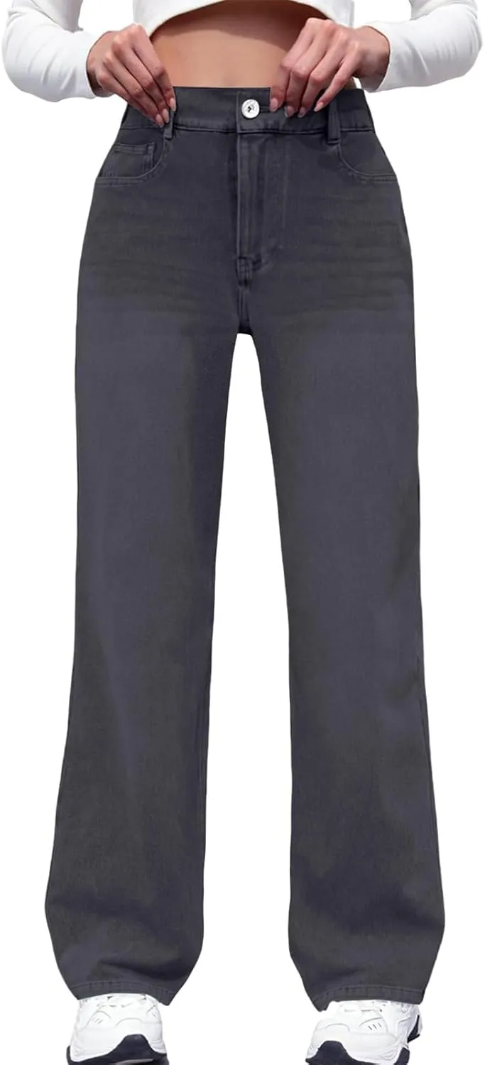 Women Jeans, Tummy Control Jeans for Women Mid Rise Trendy Straight Leg Summer Plus Size Baggy Stretchy Trousers