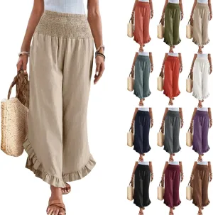 Women Linen Palazzo Pants Casual Flowy Summer Wide Leg Boho Trousers Smocked Waist Ruffle Hem Beach Pants with Pockets