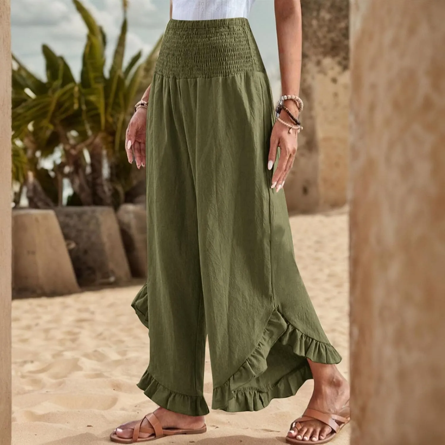 Women Linen Palazzo Pants Casual Flowy Summer Wide Leg Boho Trousers Smocked Waist Ruffle Hem Beach Pants with Pockets