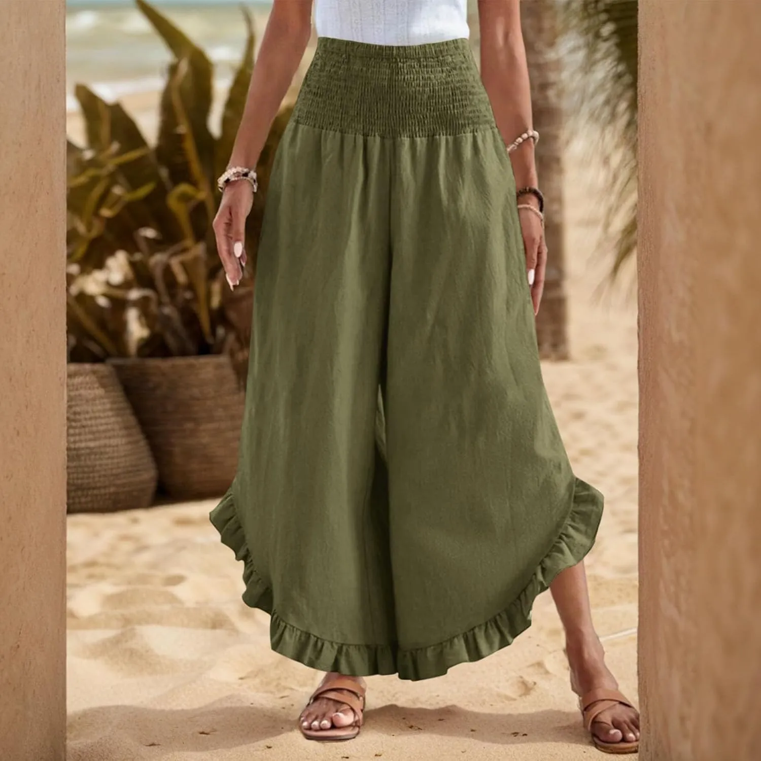 Women Linen Palazzo Pants Casual Flowy Summer Wide Leg Boho Trousers Smocked Waist Ruffle Hem Beach Pants with Pockets