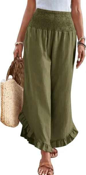 Women Linen Palazzo Pants Casual Flowy Summer Wide Leg Boho Trousers Smocked Waist Ruffle Hem Beach Pants with Pockets