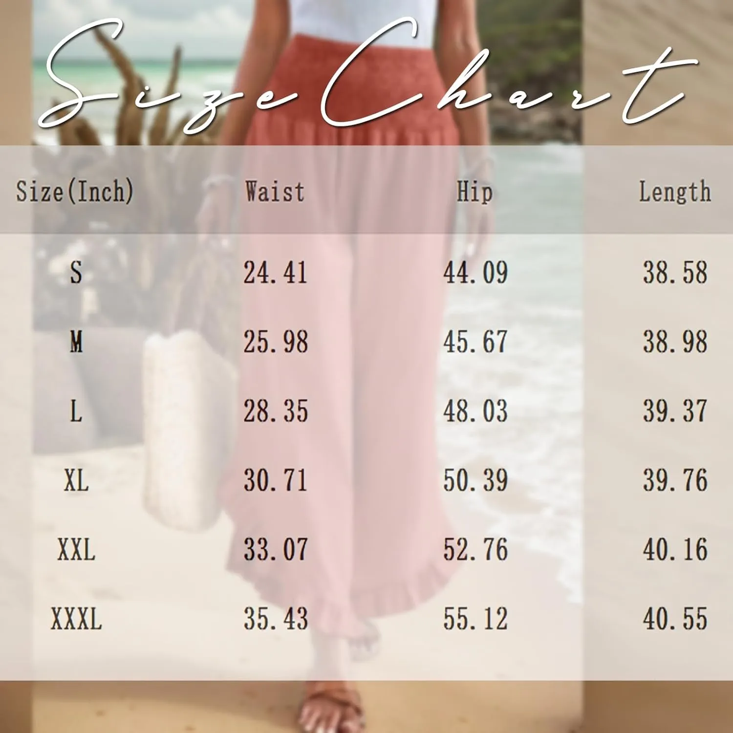 Women Linen Palazzo Pants Casual Flowy Summer Wide Leg Boho Trousers Smocked Waist Ruffle Hem Beach Pants with Pockets