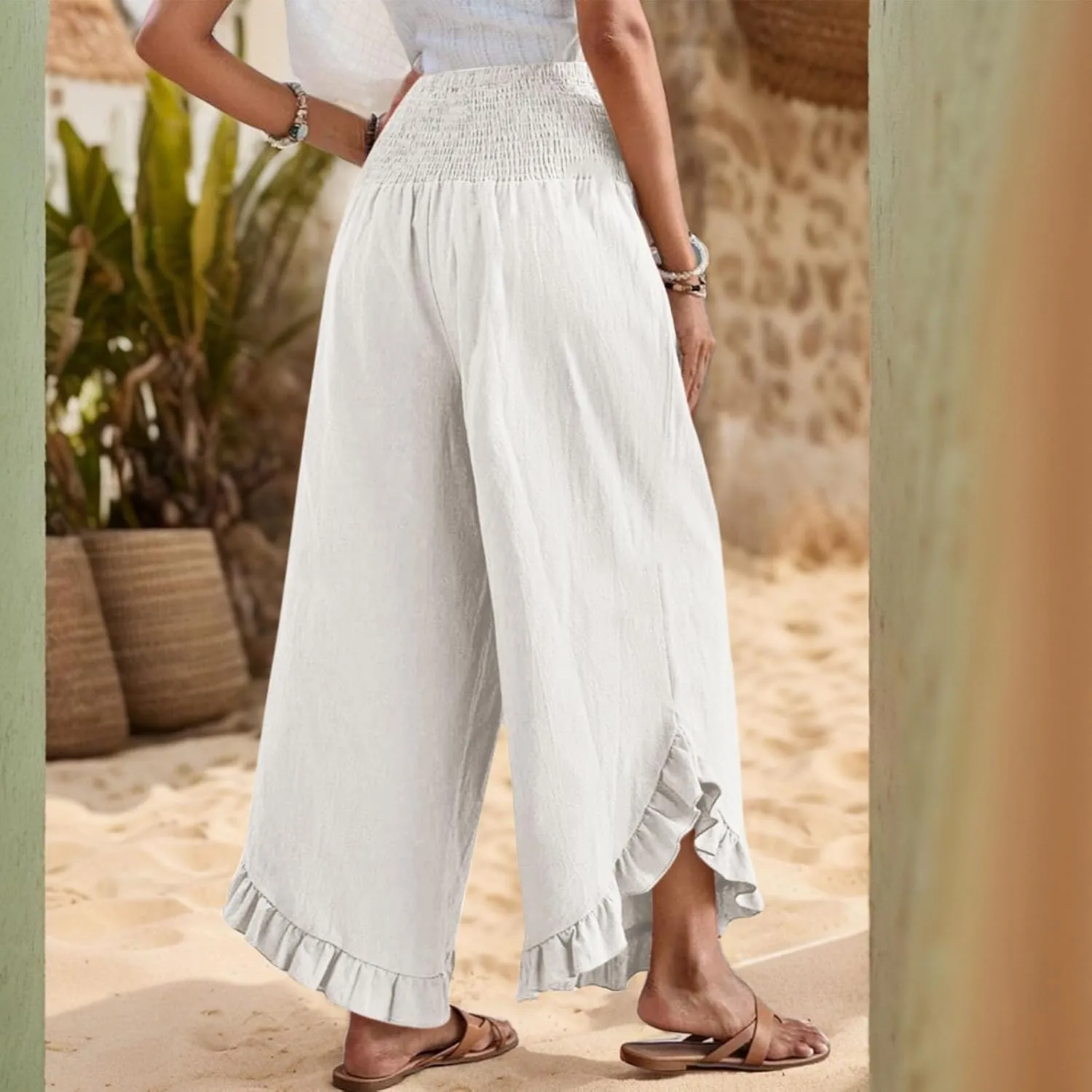 Women Linen Palazzo Pants Casual Flowy Summer Wide Leg Boho Trousers Smocked Waist Ruffle Hem Beach Pants with Pockets