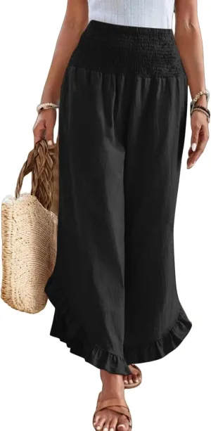 Women Linen Palazzo Pants Casual Flowy Summer Wide Leg Boho Trousers Smocked Waist Ruffle Hem Beach Pants with Pockets