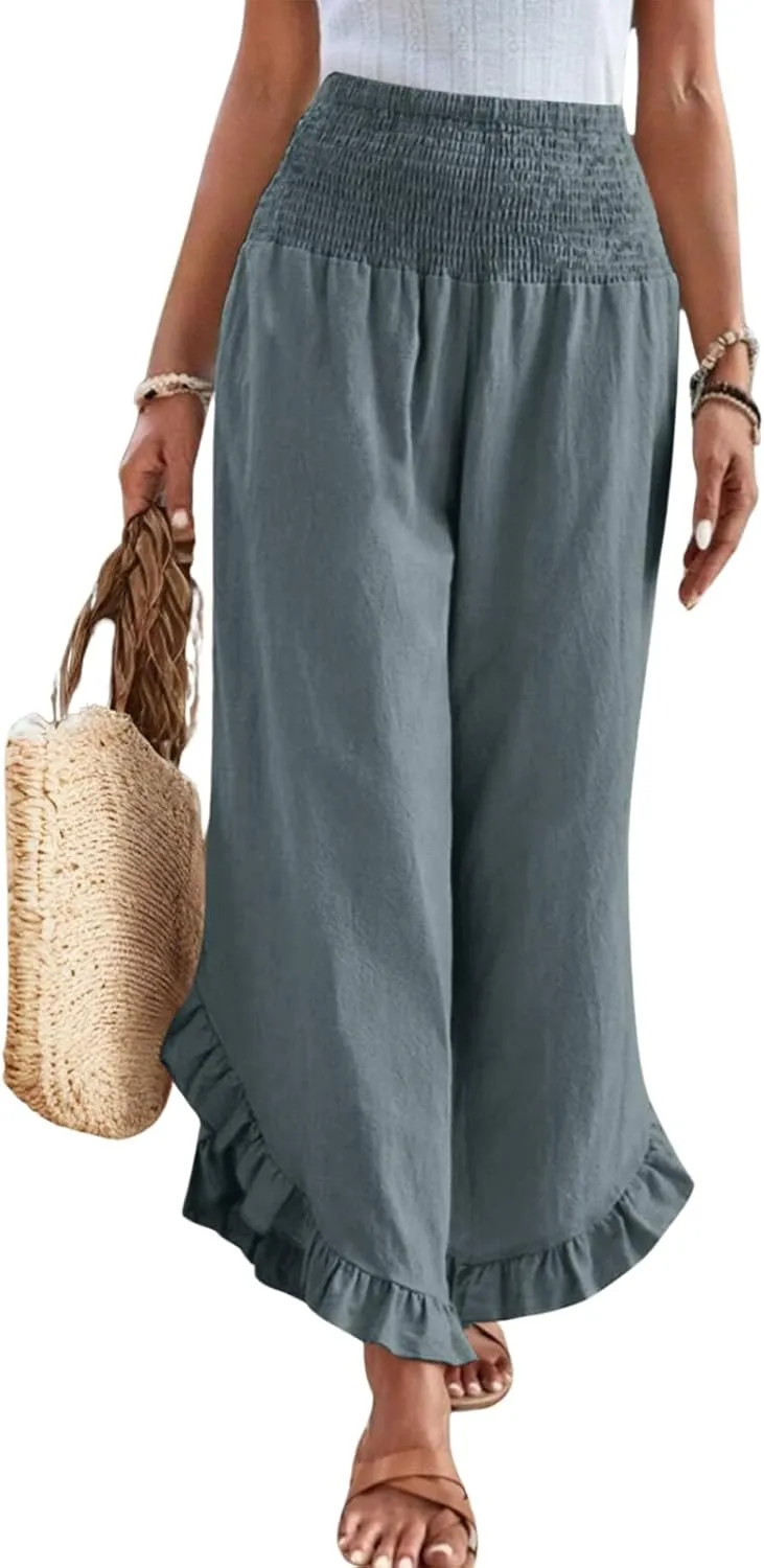 Women Linen Palazzo Pants Casual Flowy Summer Wide Leg Boho Trousers Smocked Waist Ruffle Hem Beach Pants with Pockets