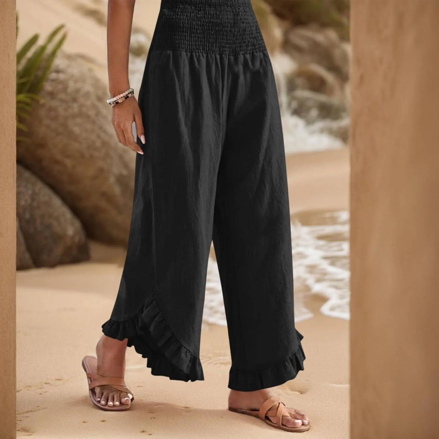 Women Linen Palazzo Pants Casual Flowy Summer Wide Leg Boho Trousers Smocked Waist Ruffle Hem Beach Pants with Pockets
