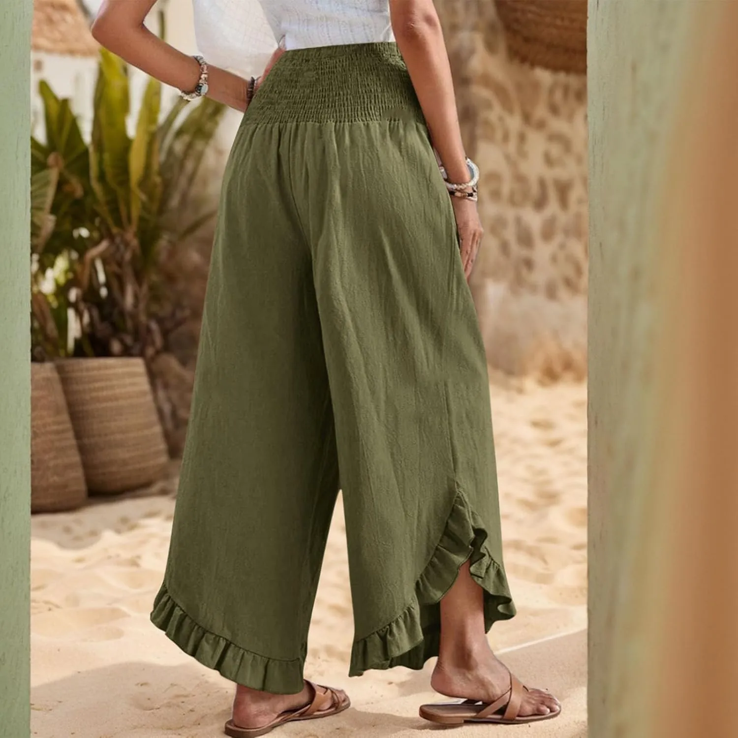 Women Linen Palazzo Pants Casual Flowy Summer Wide Leg Boho Trousers Smocked Waist Ruffle Hem Beach Pants with Pockets