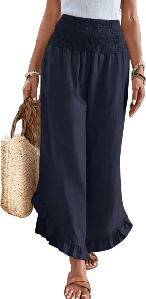 Women Linen Palazzo Pants Casual Flowy Summer Wide Leg Boho Trousers Smocked Waist Ruffle Hem Beach Pants with Pockets