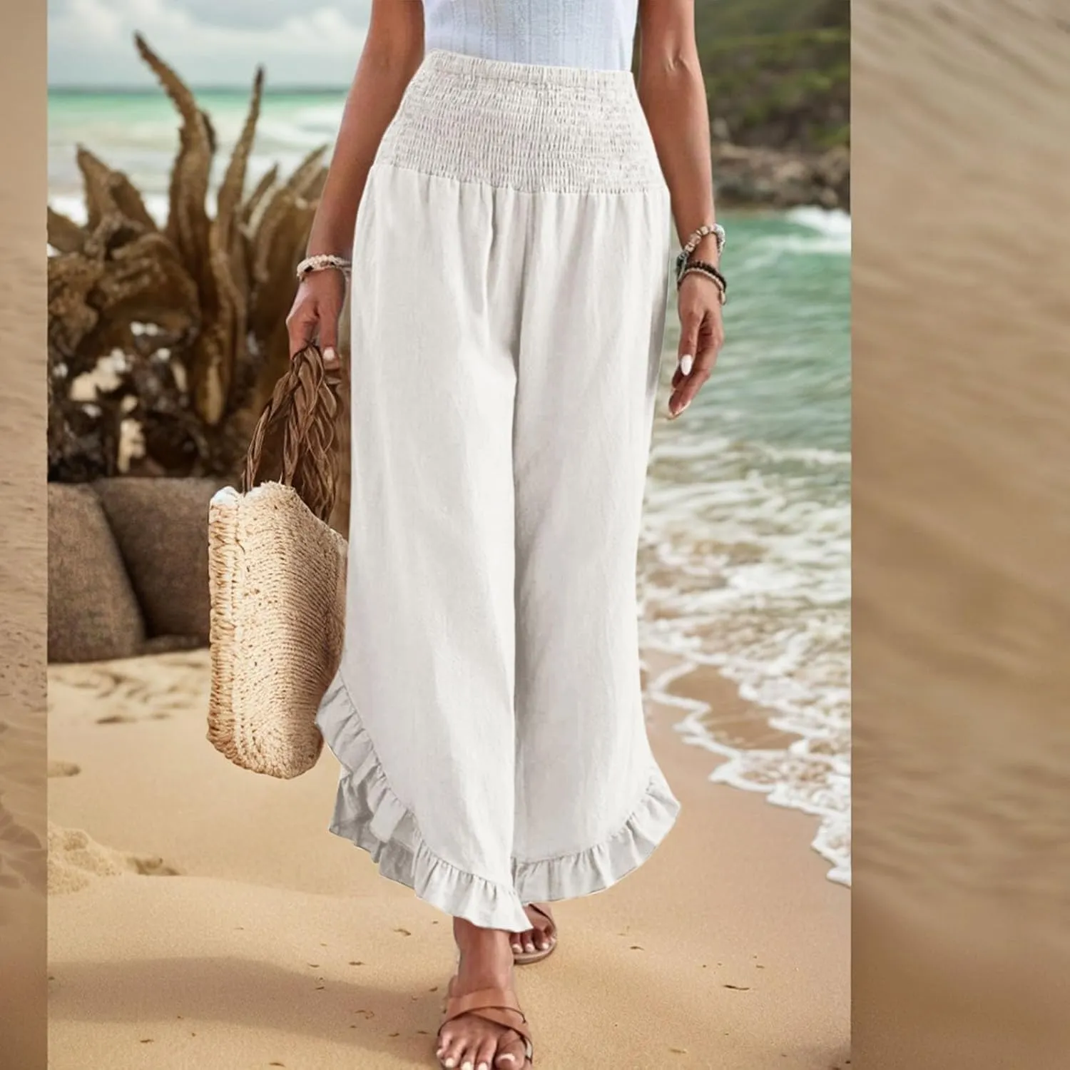 Women Linen Palazzo Pants Casual Flowy Summer Wide Leg Boho Trousers Smocked Waist Ruffle Hem Beach Pants with Pockets