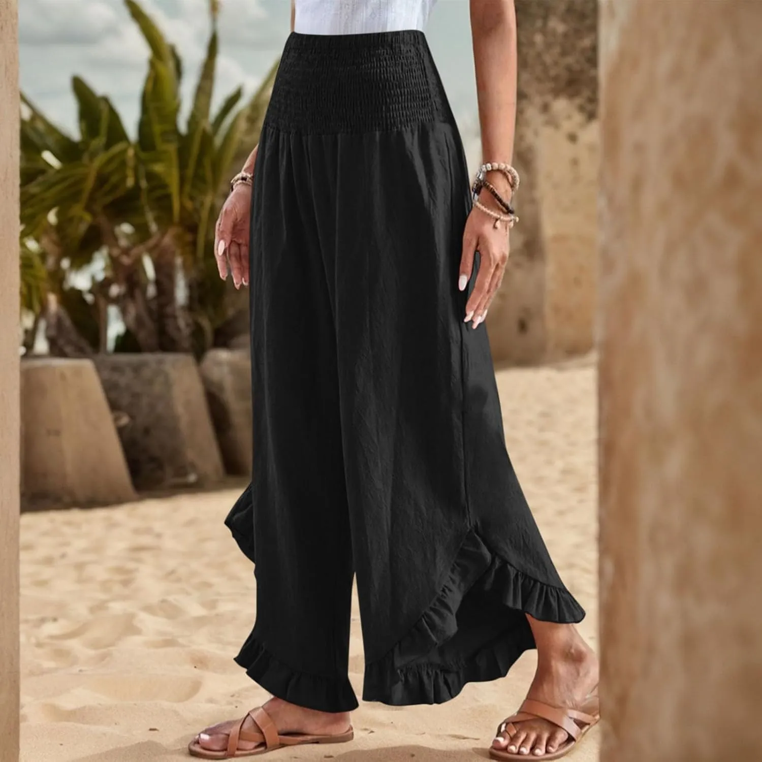 Women Linen Palazzo Pants Casual Flowy Summer Wide Leg Boho Trousers Smocked Waist Ruffle Hem Beach Pants with Pockets