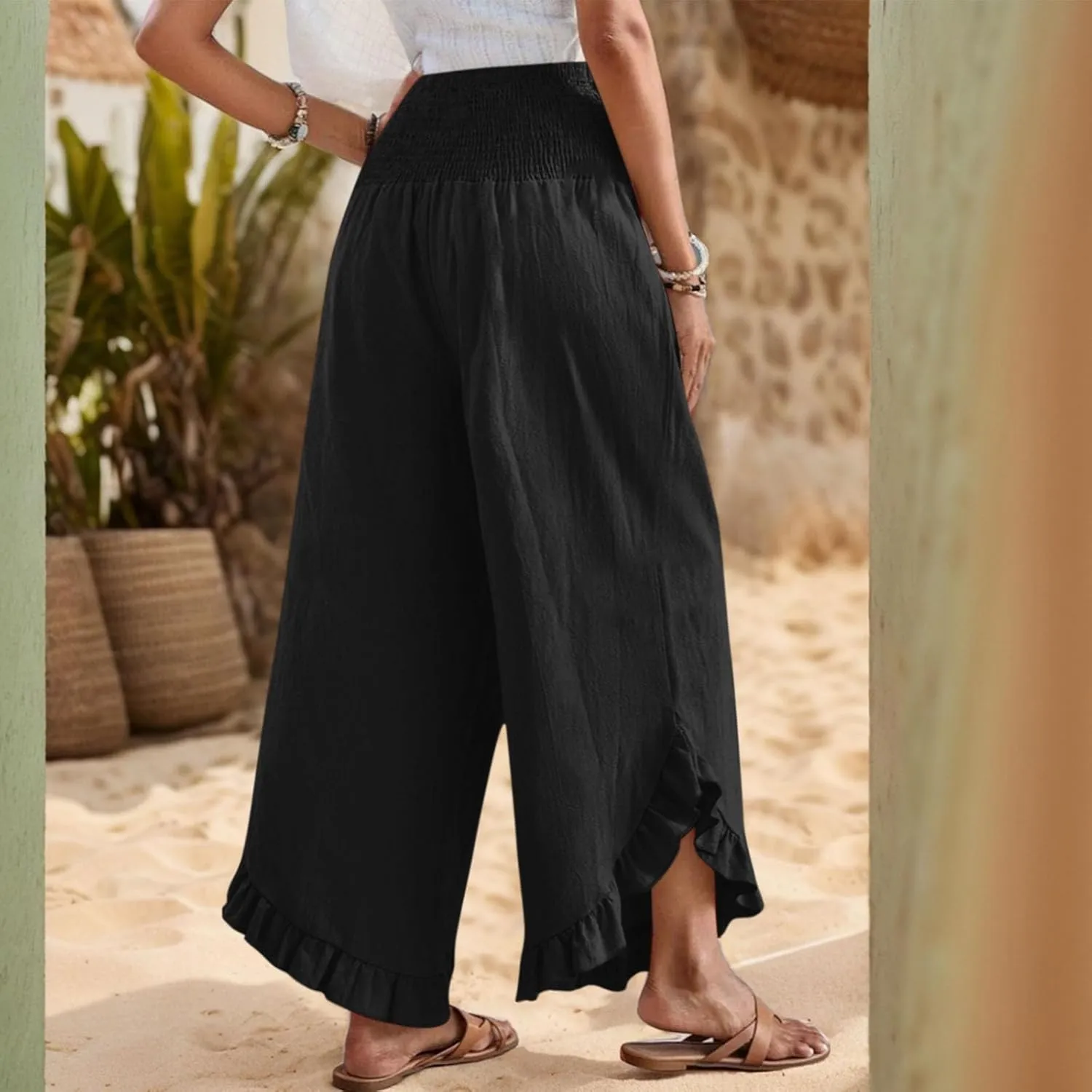 Women Linen Palazzo Pants Casual Flowy Summer Wide Leg Boho Trousers Smocked Waist Ruffle Hem Beach Pants with Pockets