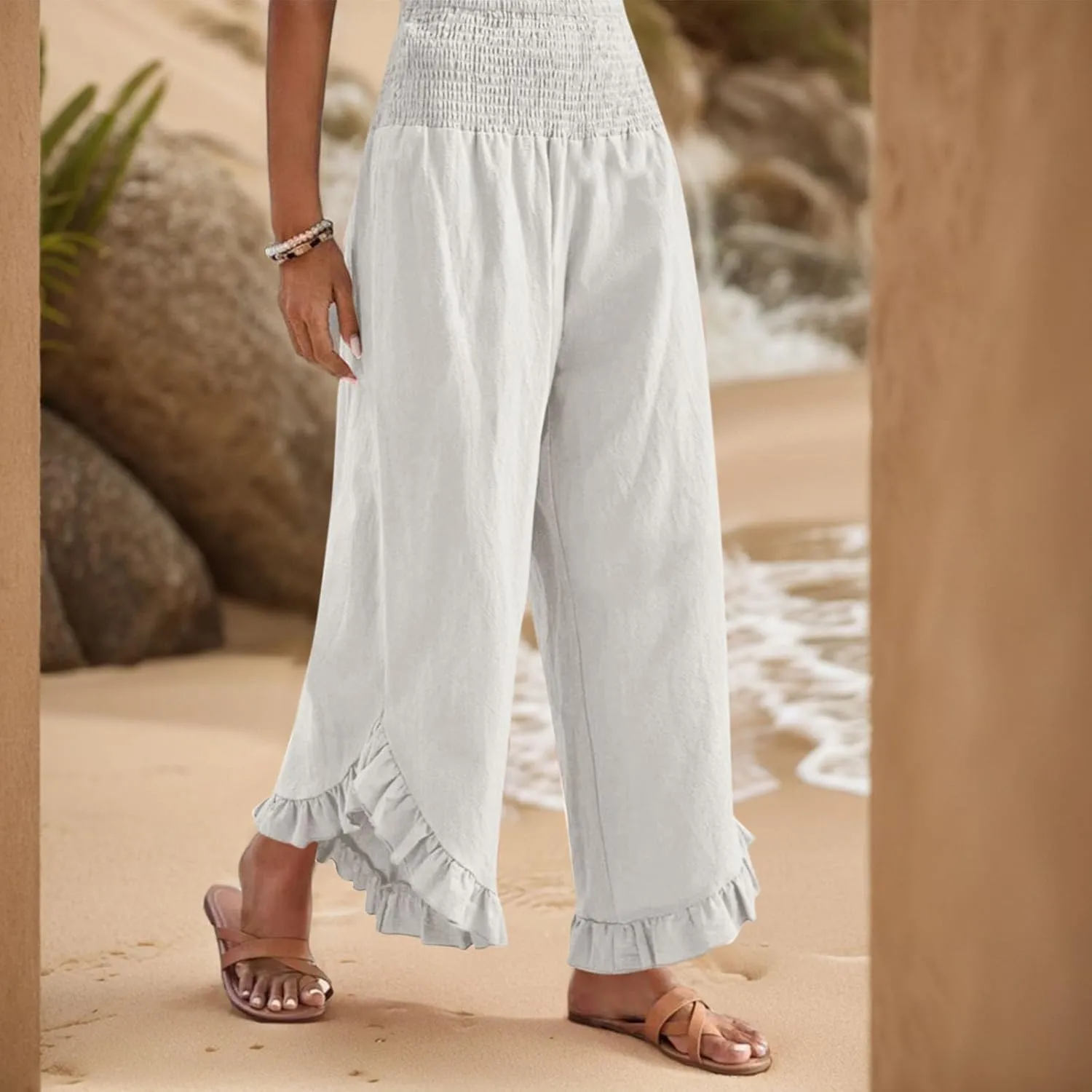 Women Linen Palazzo Pants Casual Flowy Summer Wide Leg Boho Trousers Smocked Waist Ruffle Hem Beach Pants with Pockets