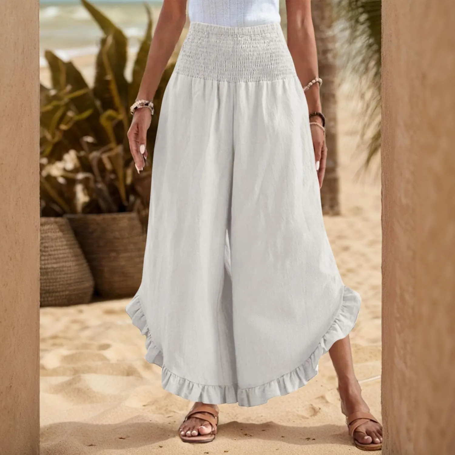 Women Linen Palazzo Pants Casual Flowy Summer Wide Leg Boho Trousers Smocked Waist Ruffle Hem Beach Pants with Pockets