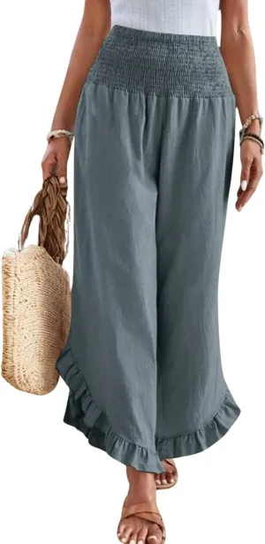Women Linen Palazzo Pants Casual Flowy Summer Wide Leg Boho Trousers Smocked Waist Ruffle Hem Beach Pants with Pockets