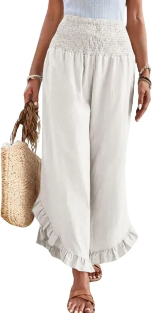Women Linen Palazzo Pants Casual Flowy Summer Wide Leg Boho Trousers Smocked Waist Ruffle Hem Beach Pants with Pockets