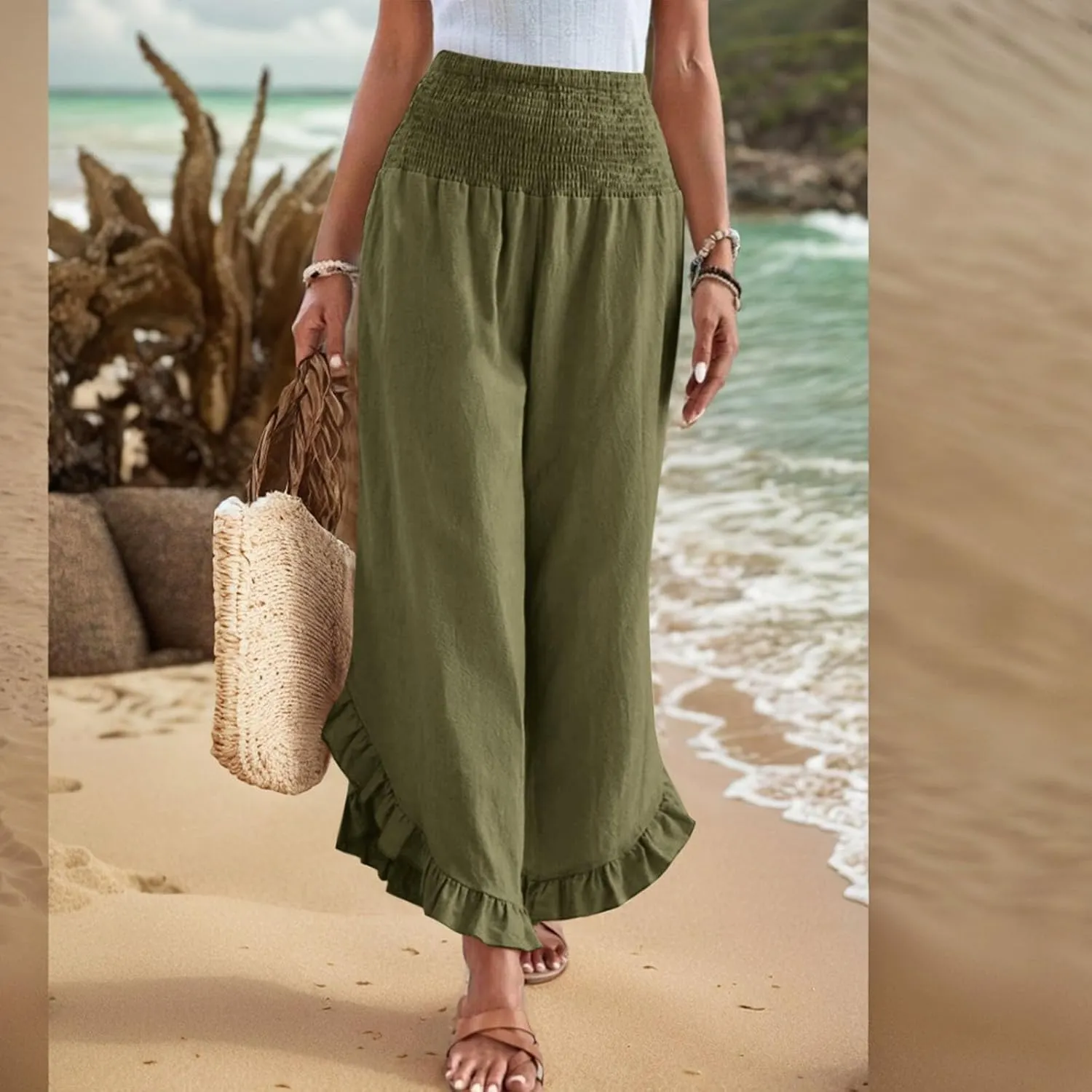 Women Linen Palazzo Pants Casual Flowy Summer Wide Leg Boho Trousers Smocked Waist Ruffle Hem Beach Pants with Pockets