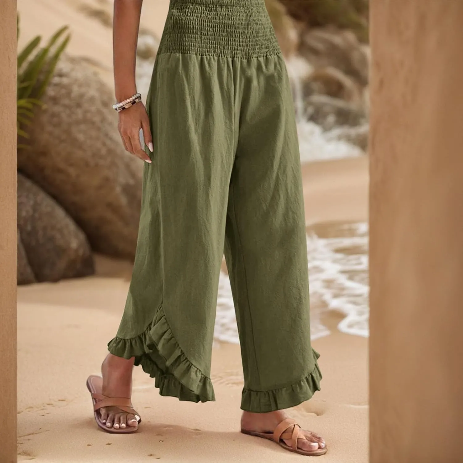 Women Linen Palazzo Pants Casual Flowy Summer Wide Leg Boho Trousers Smocked Waist Ruffle Hem Beach Pants with Pockets