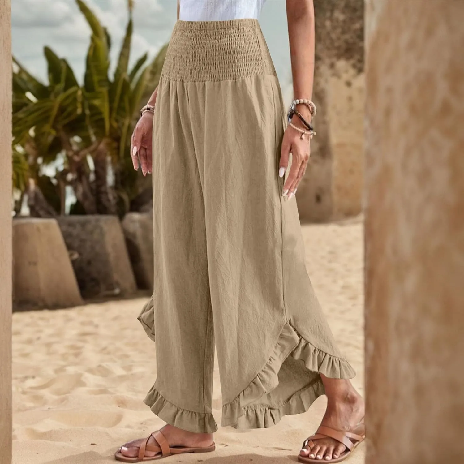 Women Linen Pants Summer Wide Leg Pants Smocked Waist Ruffle Hem Palazzo Pant Boho Flowy Beach Pant with Pocket