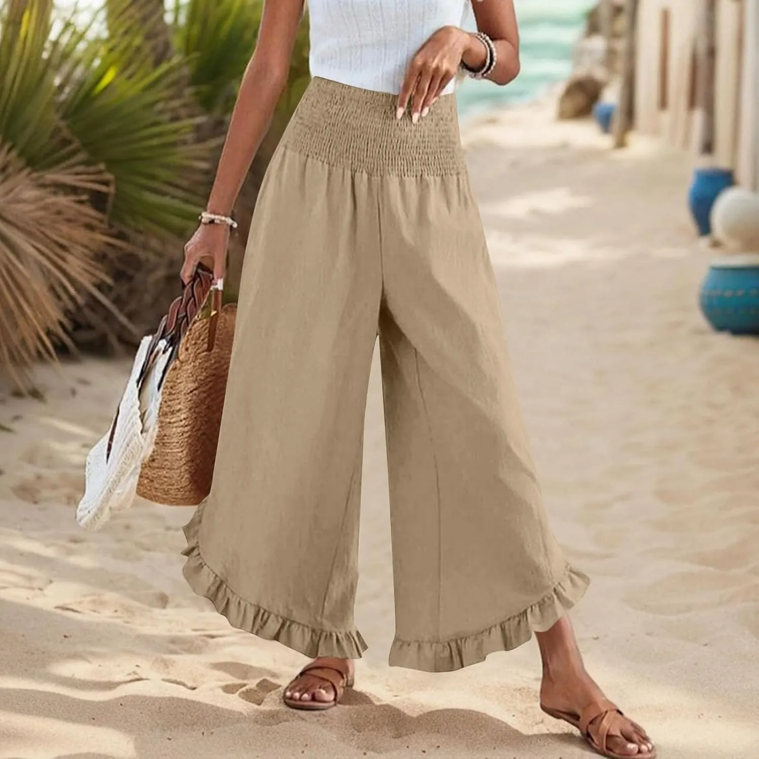 Women Linen Pants Summer Wide Leg Pants Smocked Waist Ruffle Hem Palazzo Pant Boho Flowy Beach Pant with Pocket