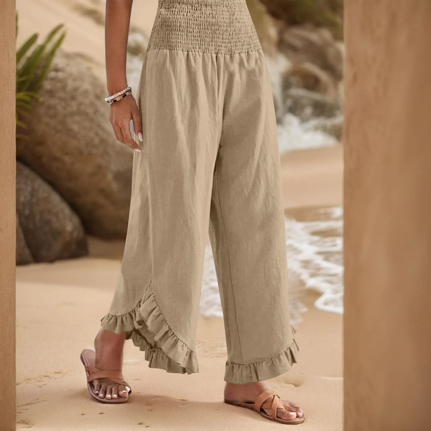 Women Linen Pants Summer Wide Leg Pants Smocked Waist Ruffle Hem Palazzo Pant Boho Flowy Beach Pant with Pocket