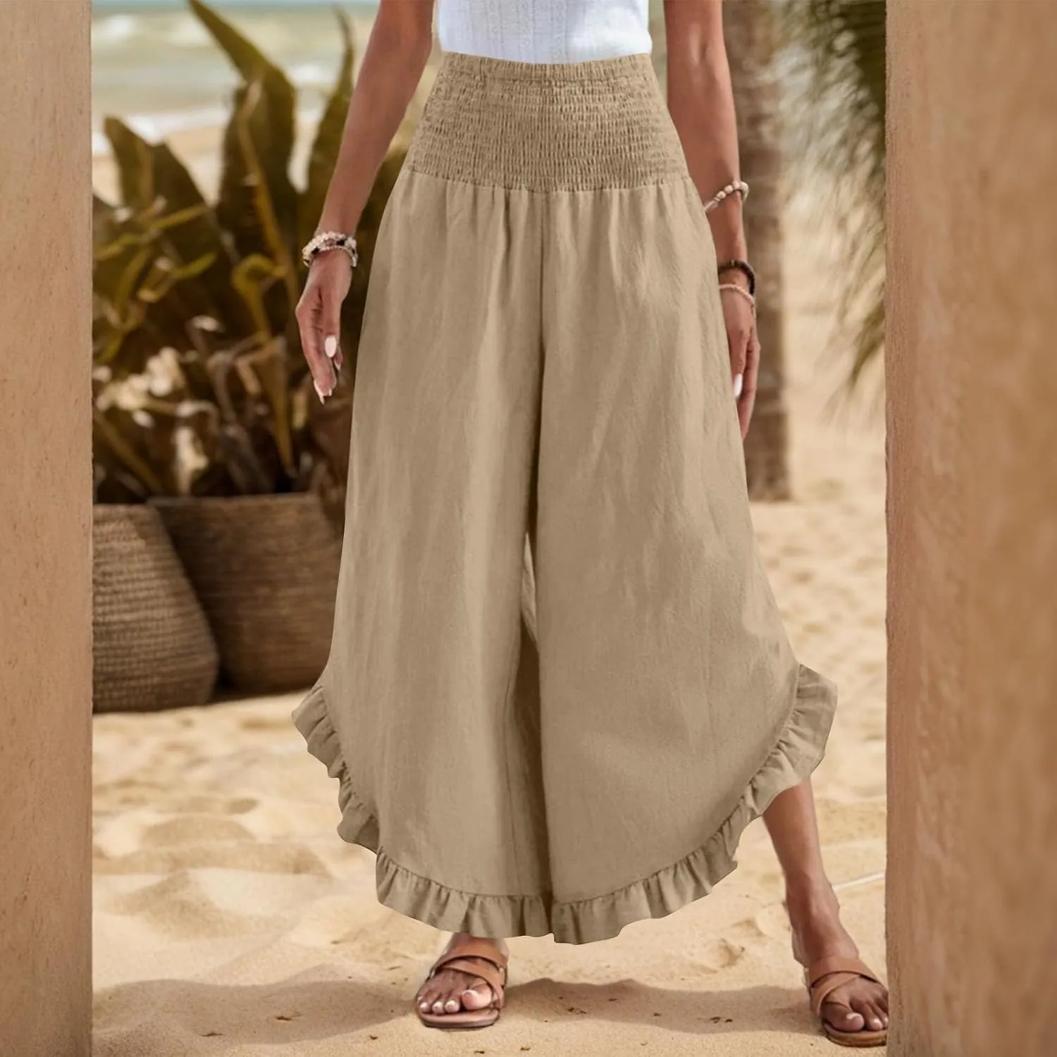Women Linen Pants Summer Wide Leg Pants Smocked Waist Ruffle Hem Palazzo Pant Boho Flowy Beach Pant with Pocket