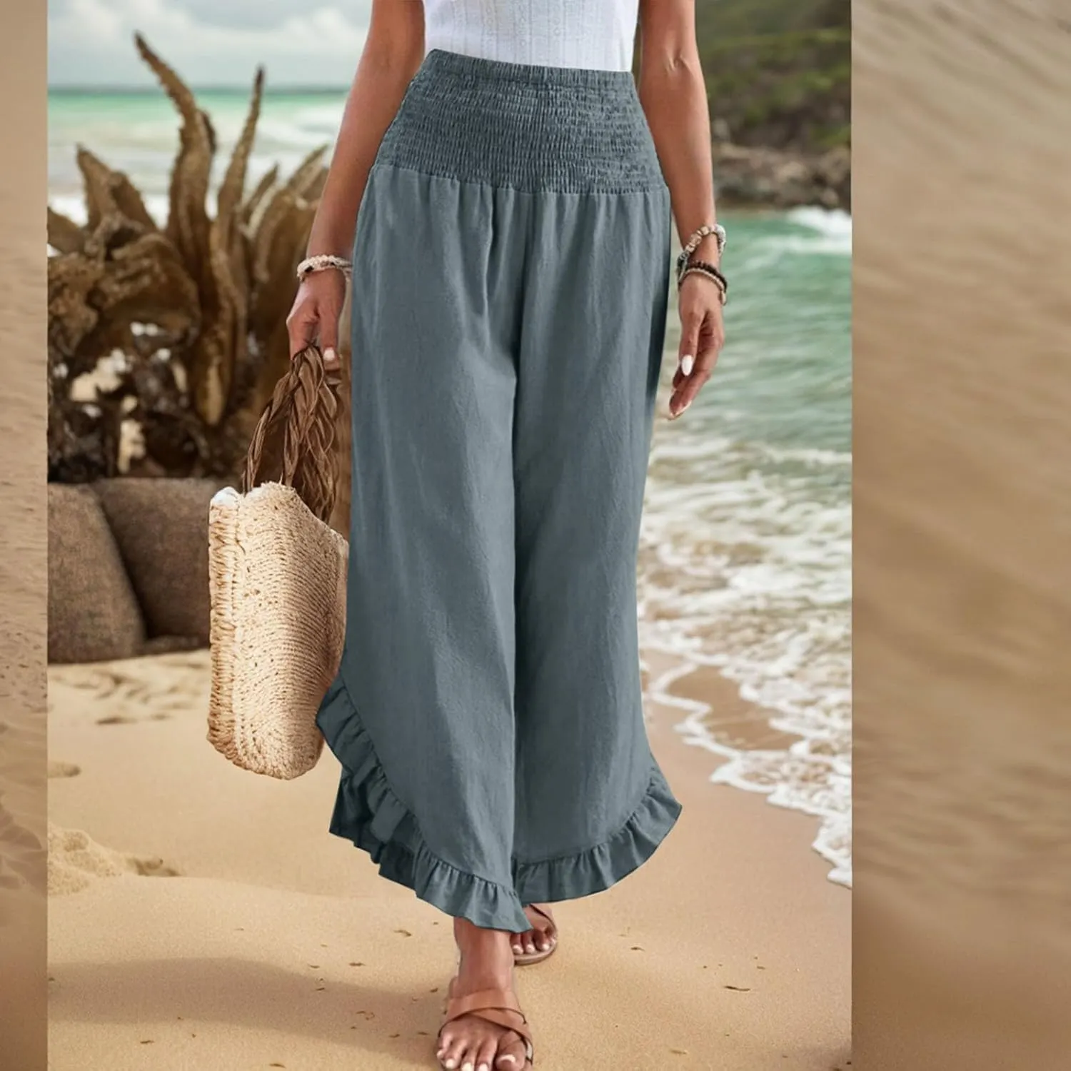 Women Linen Pants Summer Wide Leg Pants Smocked Waist Ruffle Hem Palazzo Pant Boho Flowy Beach Pant with Pocket