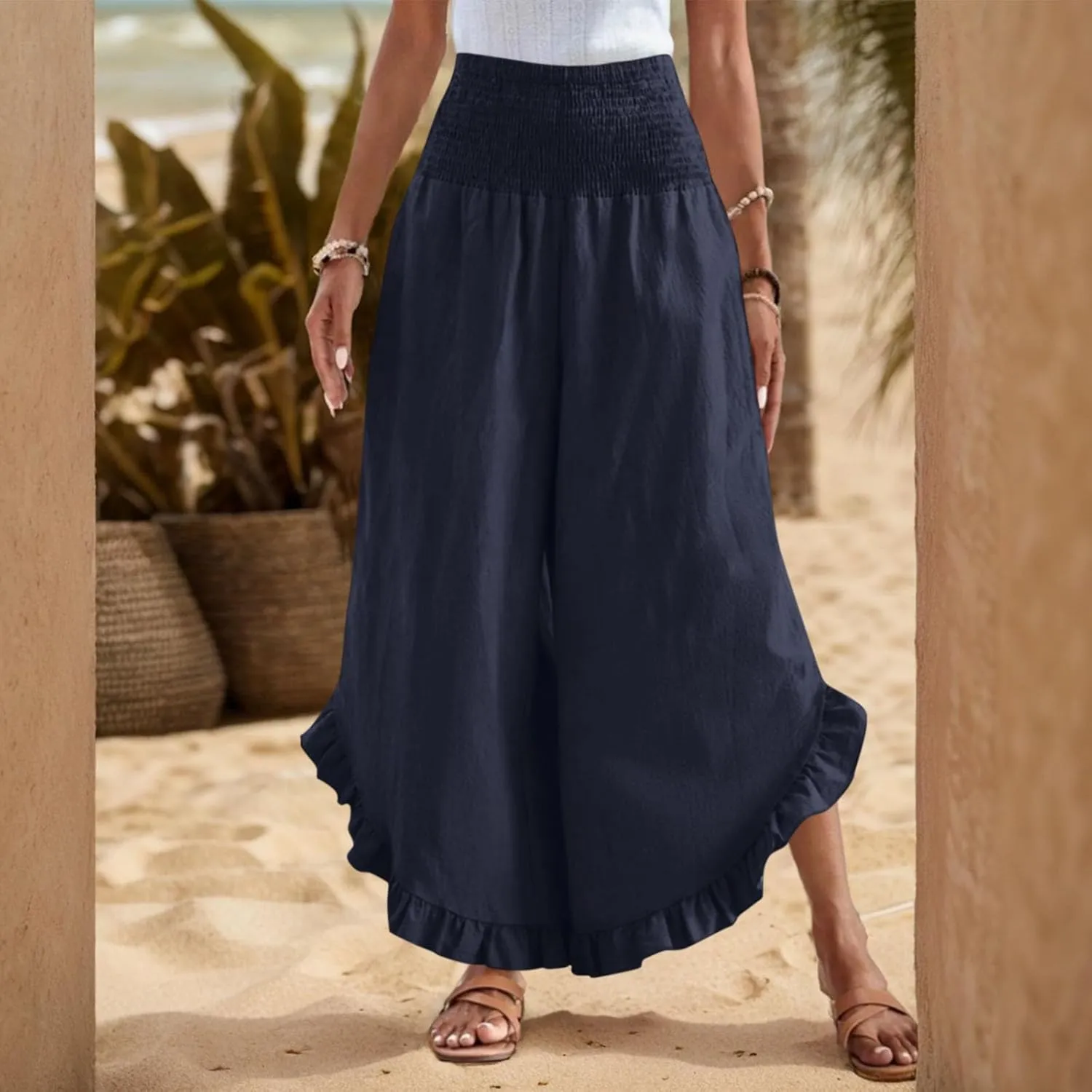 Women Linen Pants Summer Wide Leg Pants Smocked Waist Ruffle Hem Palazzo Pant Boho Flowy Beach Pant with Pocket