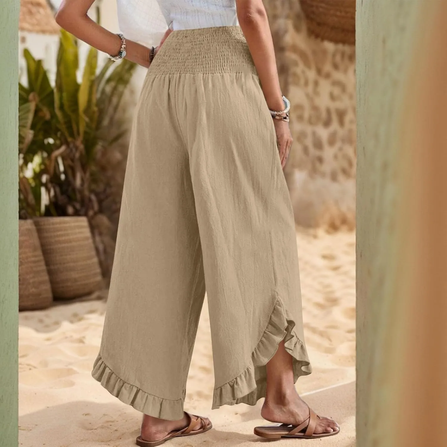 Women Linen Pants Summer Wide Leg Pants Smocked Waist Ruffle Hem Palazzo Pant Boho Flowy Beach Pant with Pocket