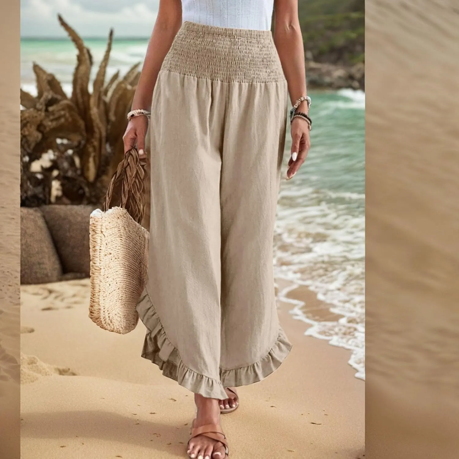 Women Linen Pants Summer Wide Leg Pants Smocked Waist Ruffle Hem Palazzo Pant Boho Flowy Beach Pant with Pocket