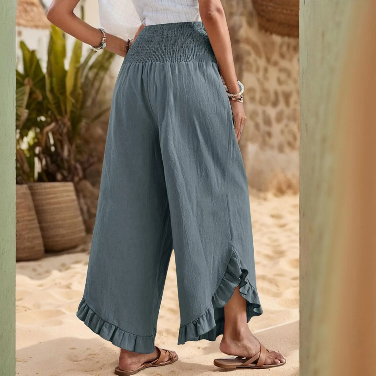 Women Linen Pants Summer Wide Leg Pants Smocked Waist Ruffle Hem Palazzo Pant Boho Flowy Beach Pant with Pocket