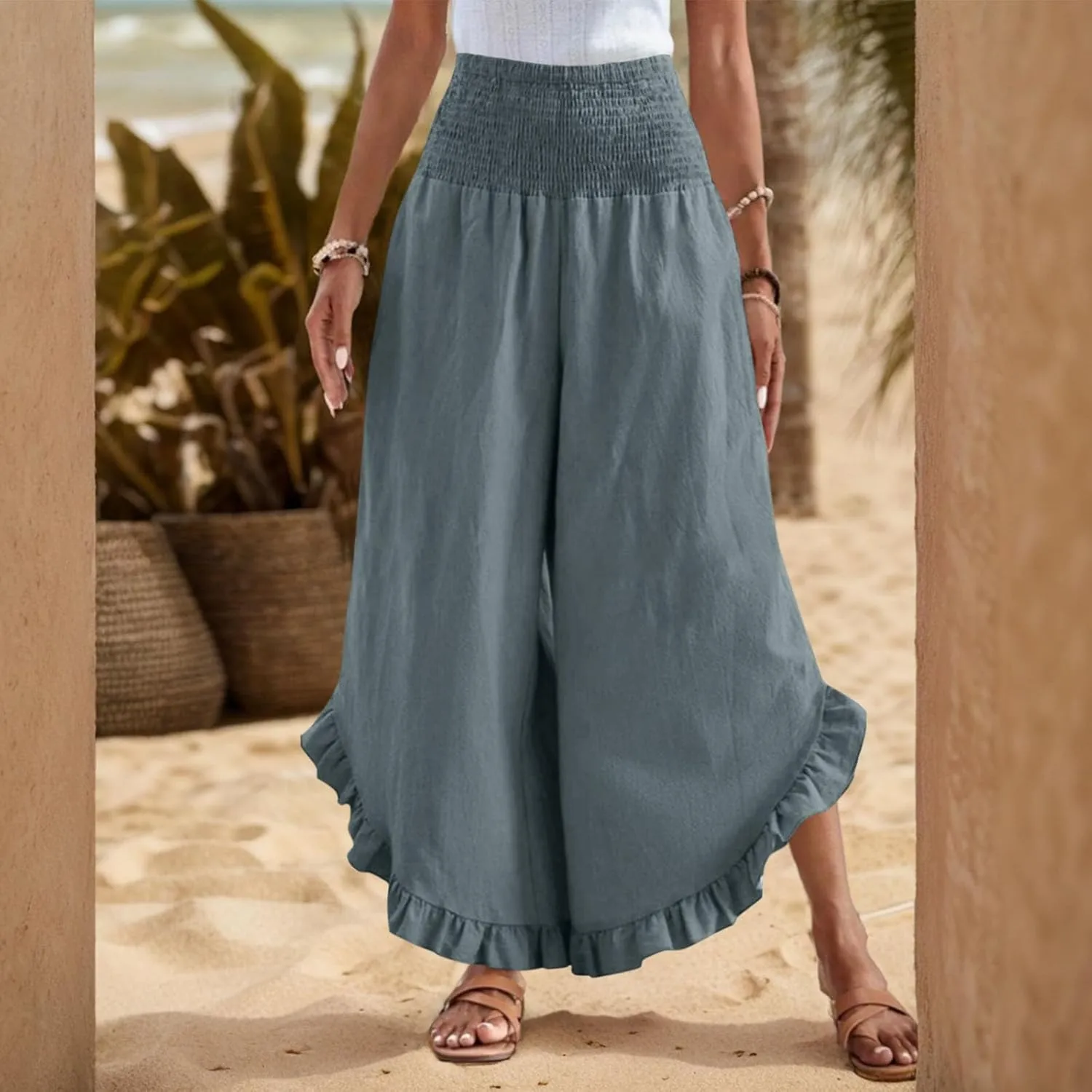 Women Linen Pants Summer Wide Leg Pants Smocked Waist Ruffle Hem Palazzo Pant Boho Flowy Beach Pant with Pocket