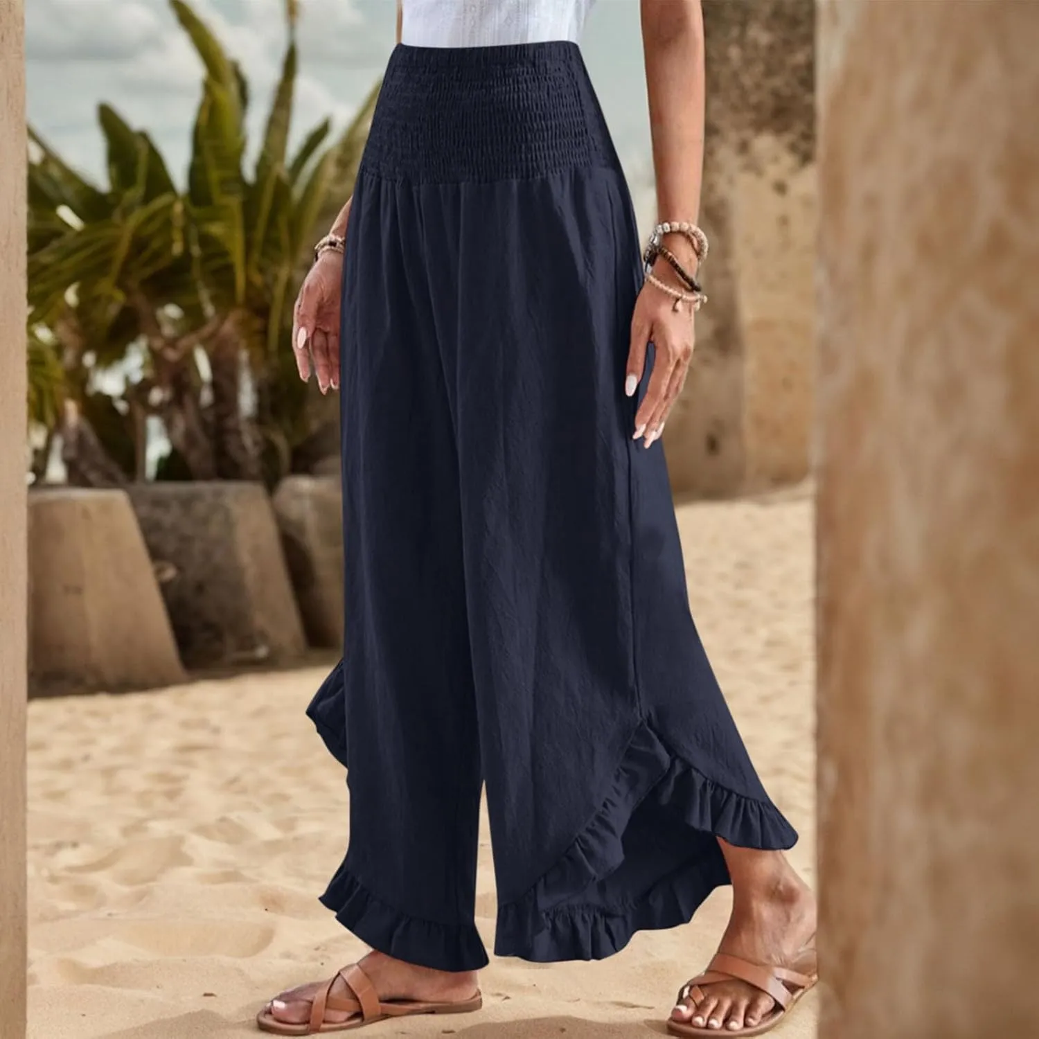 Women Linen Pants Summer Wide Leg Pants Smocked Waist Ruffle Hem Palazzo Pant Boho Flowy Beach Pant with Pocket
